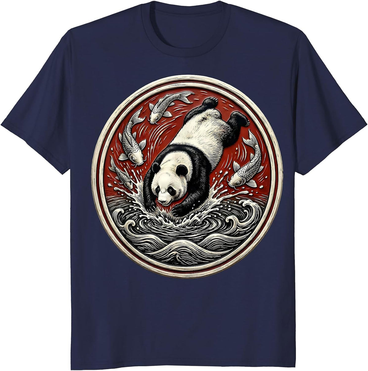 Panda Bear Diving Into Koi Pond Graphic T-Shirt - Navy Blue