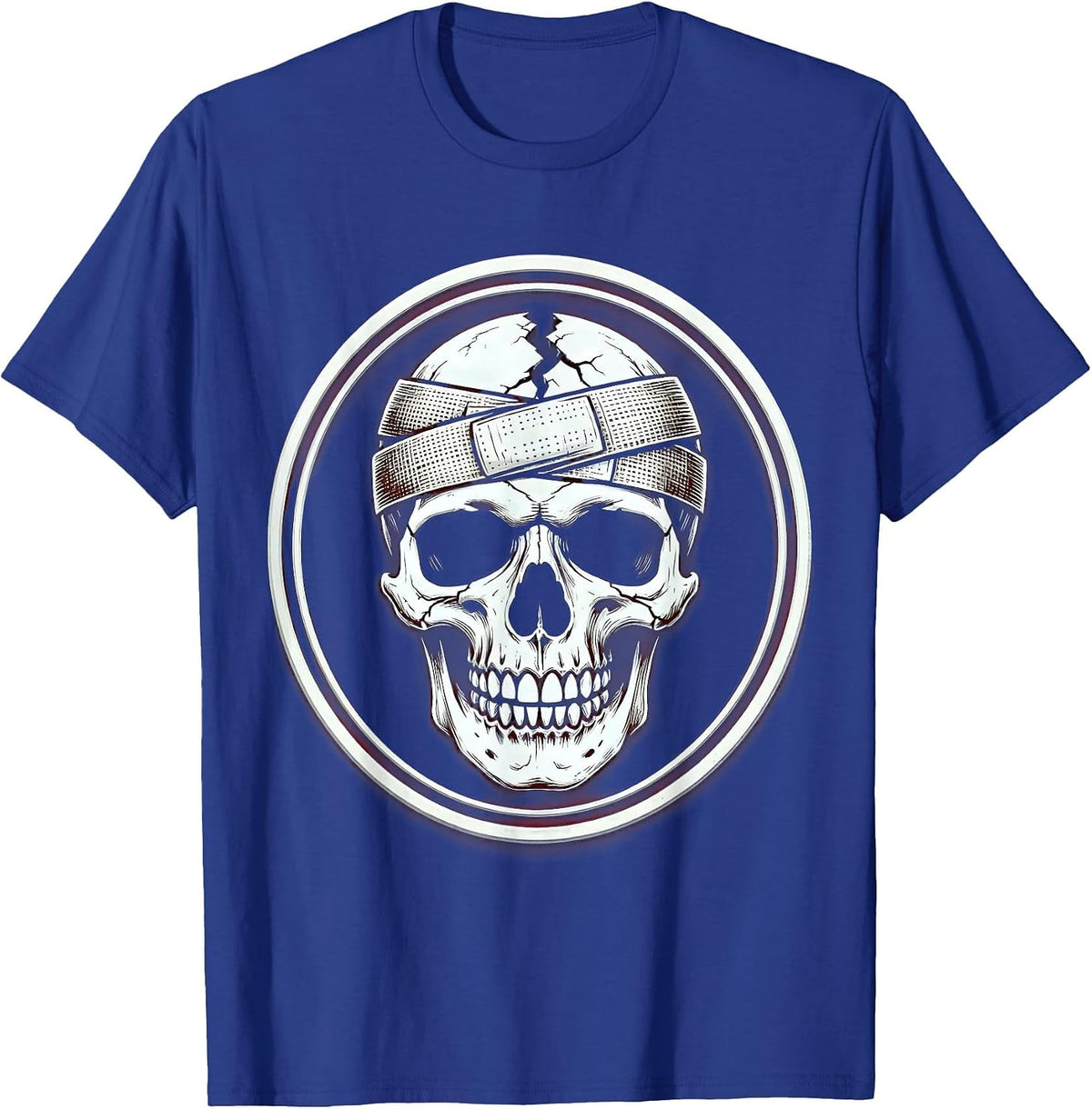 Cracked Skull Bandage Smile Graphic Design T-Shirt - Royal Blue