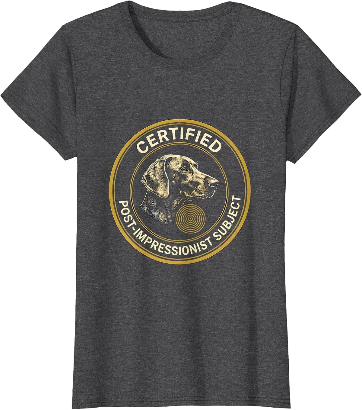 Women's Certified Post-Impressionist Subject Dog Lover Whimsical Art T-Shirt - Dark Heather Grey