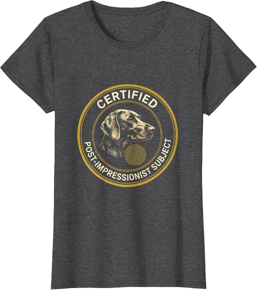 Women's Certified Post-Impressionist Subject Dog Lover Whimsical Art T-Shirt - Dark Heather Grey