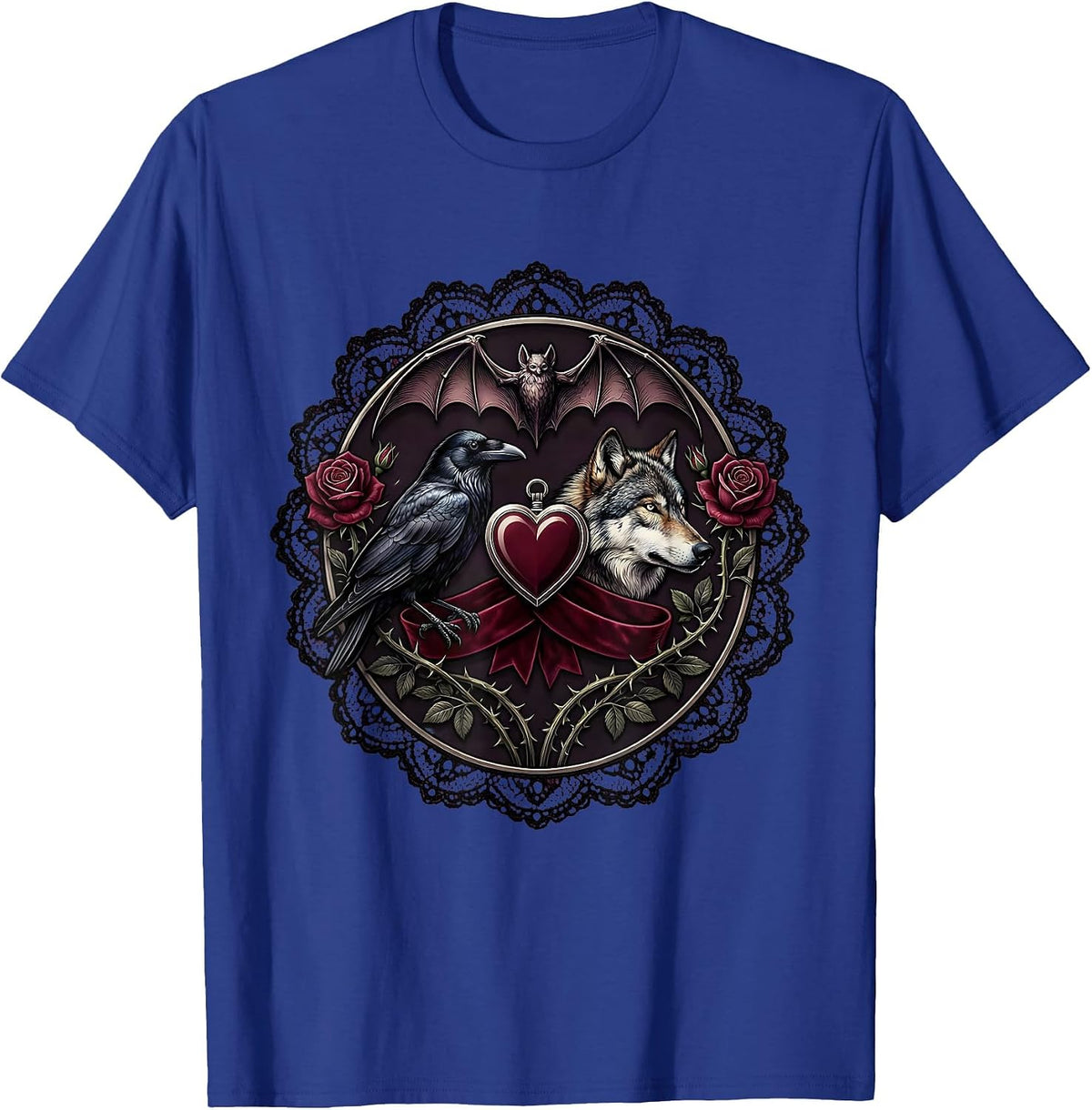 Men's Crow and Wolf Side by Side Wildlife Art Design T-Shirt - Royal Blue