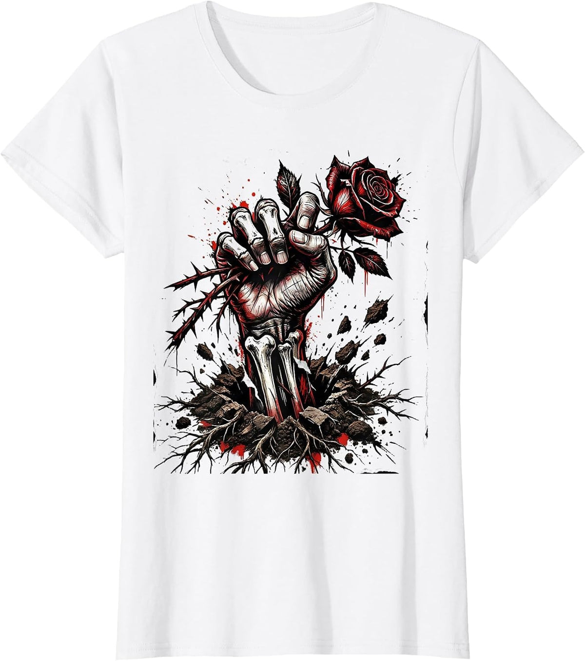 Women's Goth Rose Hand Emerging From Soil Dark Art T-Shirt - White