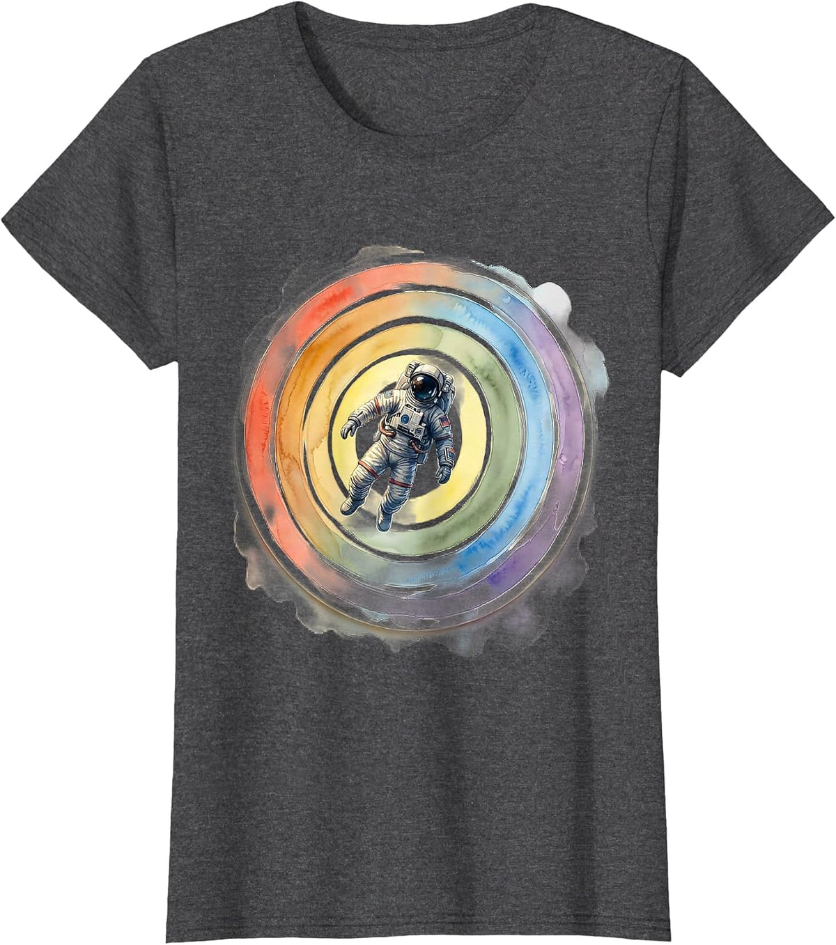 Women's Astronaut Floating Through Rainbow Rings T-Shirt - Dark Heather Grey