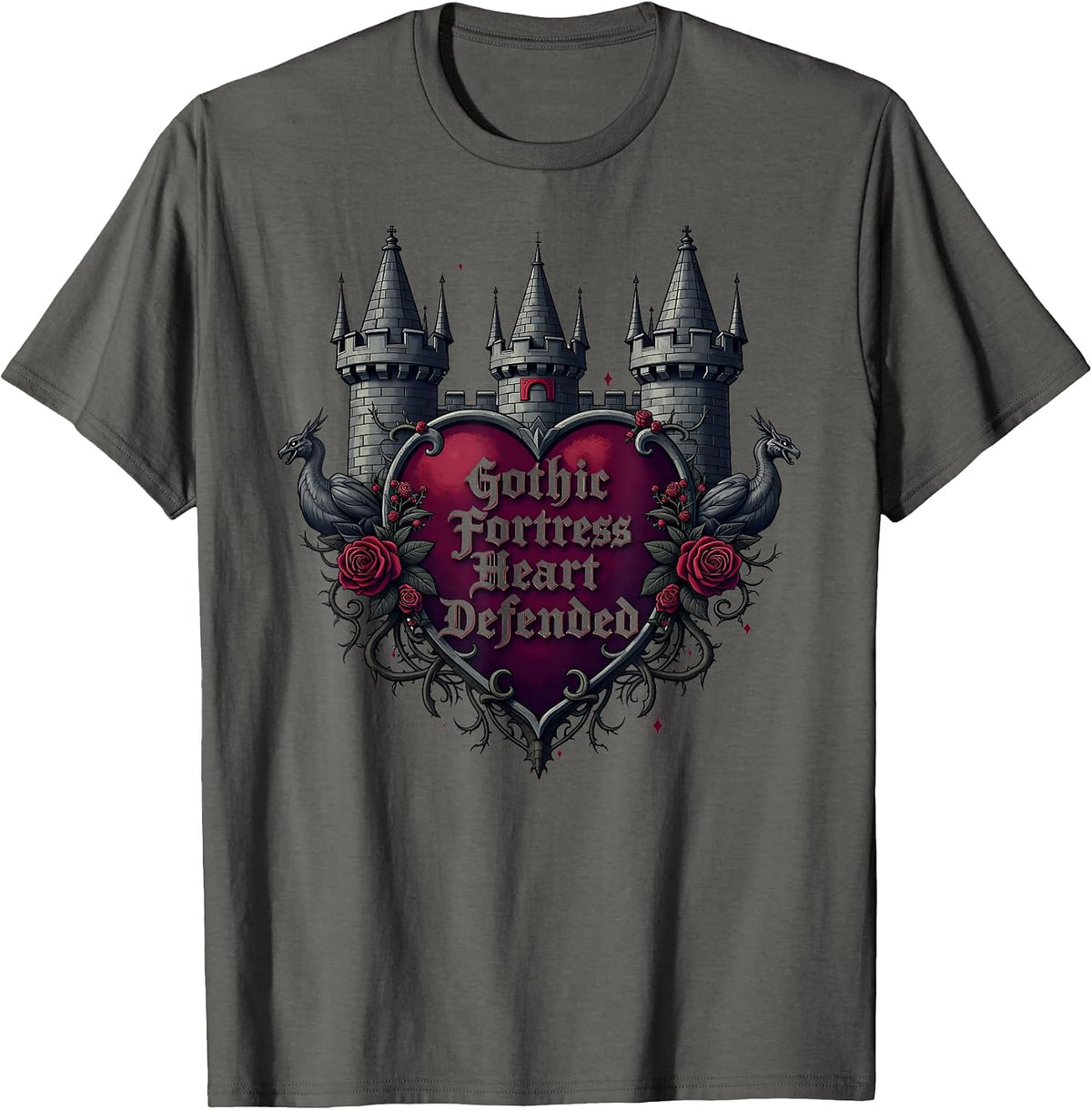 Gothic Fortress Heart Defended Dark Romance T-Shirt - Asphalt Grey
