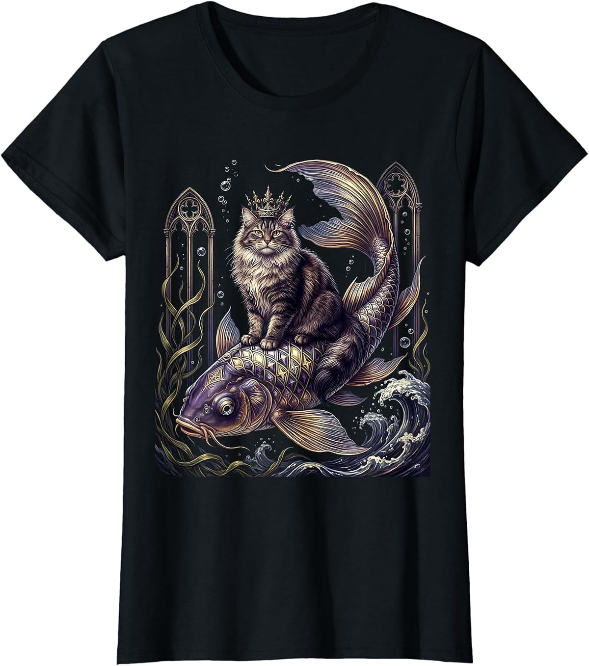 Cat Riding Giant Koi Fish Underwater Art T-Shirt - Black