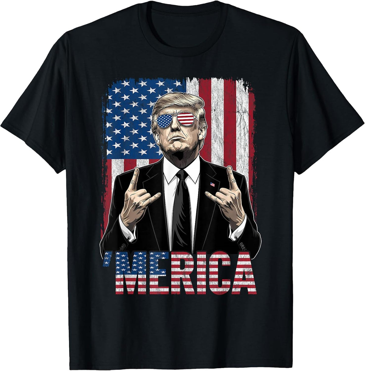 Merica Trump Shirt Funny Trump 4th of July American USA Flag T-Shirt - Black