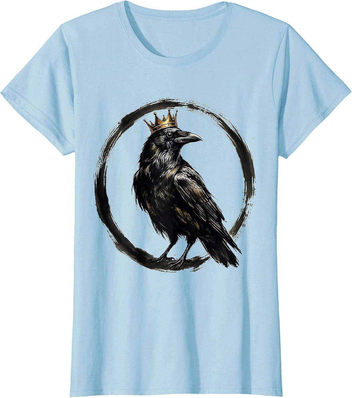 Women's Crow Wearing a Tiny Golden Crown Illustration T-Shirt - Baby Blue