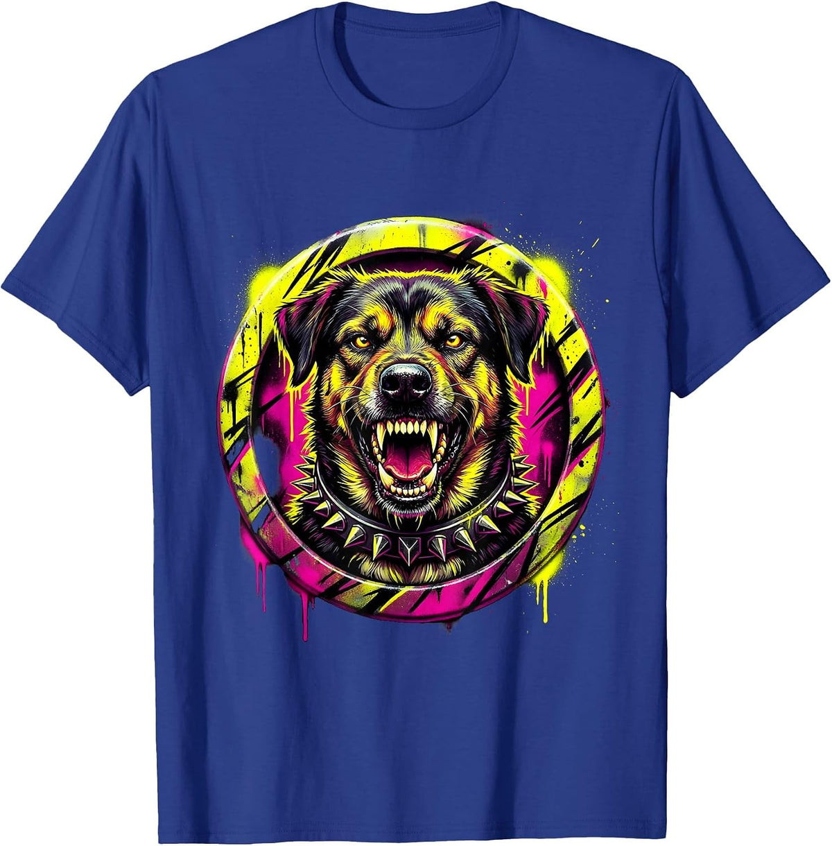 Punk Rock Snarling Studded Collar Dog Graphic T-Shirt - Royal Blue