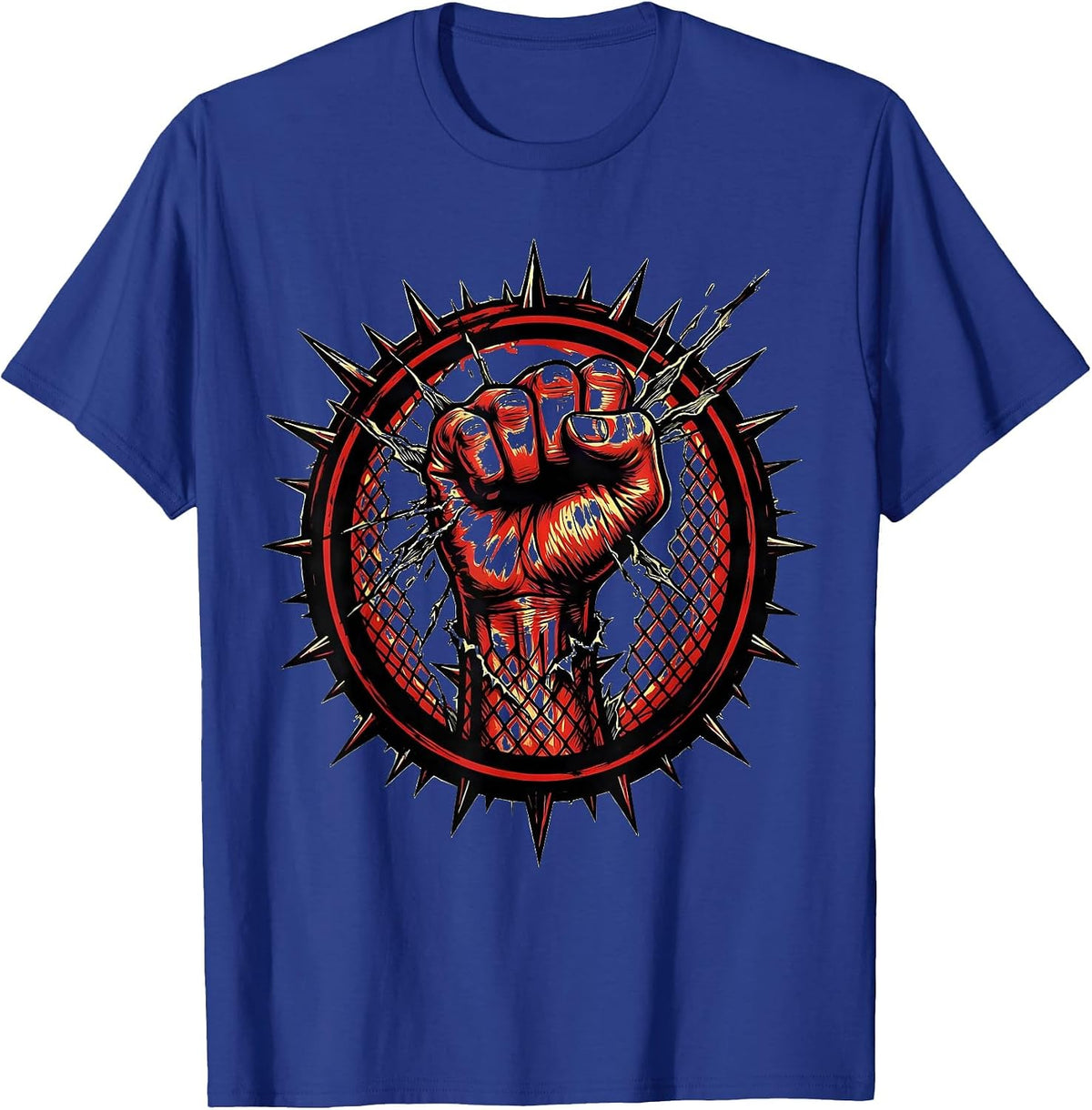 Men's Punk Raised Fist Through Torn Fishnet Graphic T-Shirt - Royal Blue