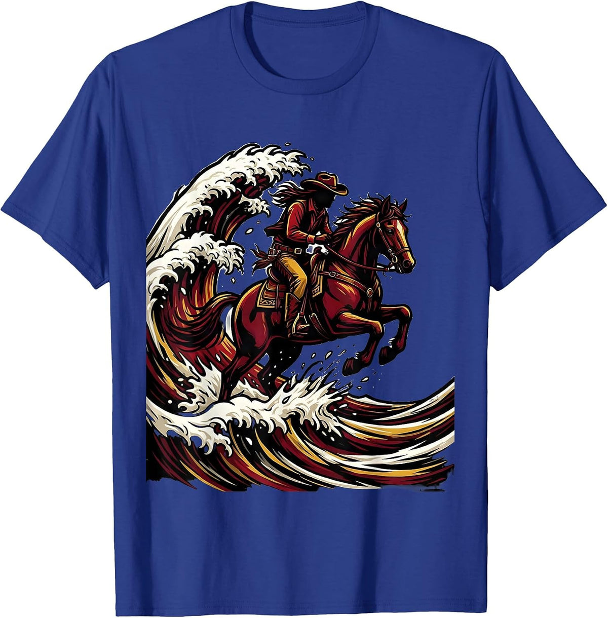 Cowgirl Riding Horse Through Ocean Waves T-Shirt - Royal Blue