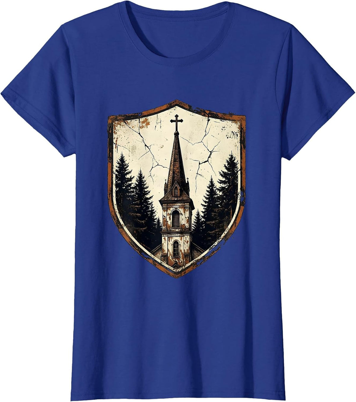 Women's God Family Country Old Church Steeple Design T-Shirt - Royal Blue