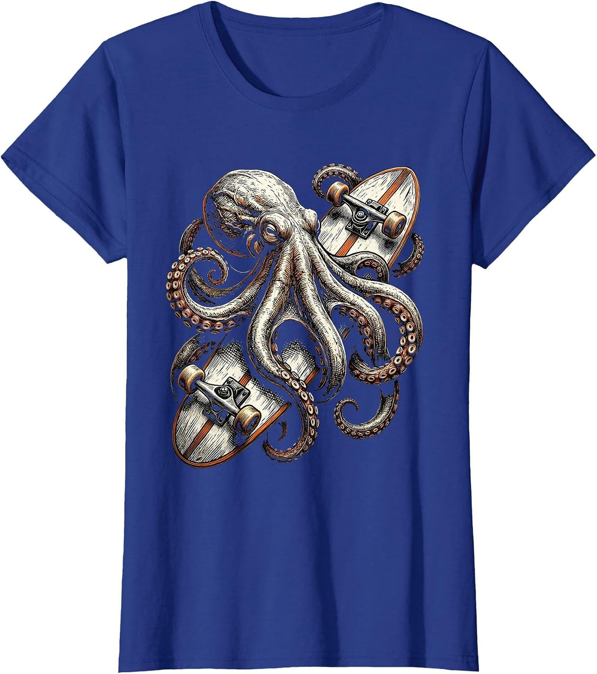 Women's Octopus Surfboard Surf Art Graphic Tee T-Shirt - Royal Blue