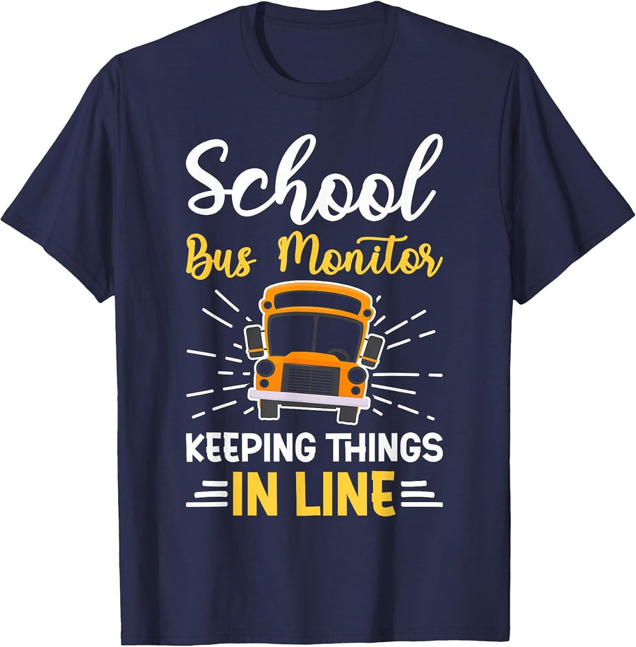 Keeping Things in Line School Bus Monitor T-Shirt - Navy Blue