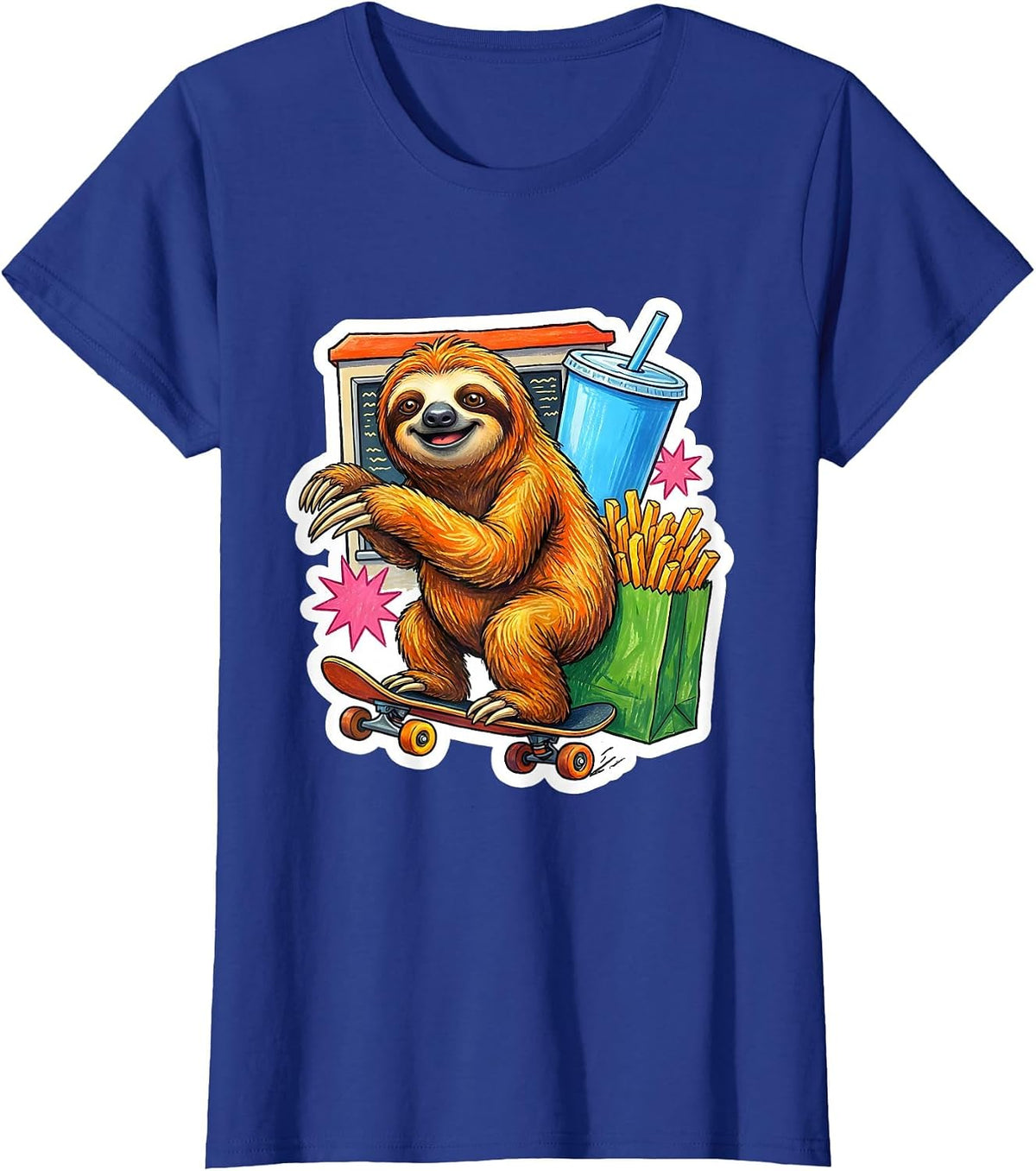 Women's Lazy Sloth Fast Food Drive-Through Skateboard T-Shirt - Royal Blue