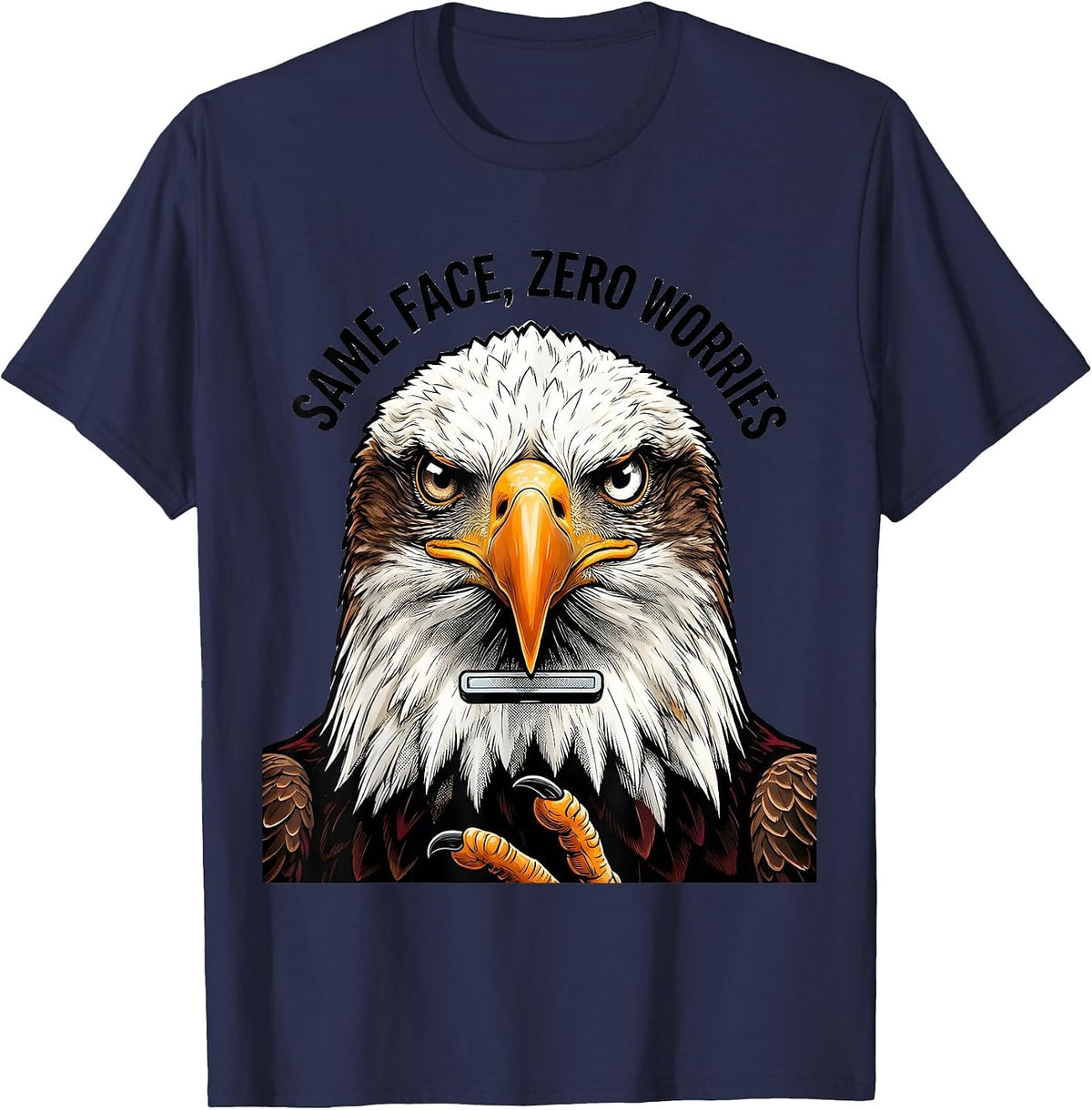 Men's Same Face Zero Worries Comic Book Bald Eagle Mascot Humor T-Shirt - Navy Blue
