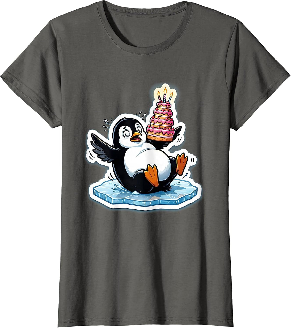 Women's Penguin Slipping on Ice With Birthday Cake T-Shirt - Asphalt Grey