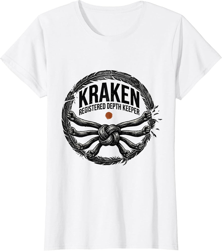 Women's Kraken Registered Depth Keeper Rubber Stamp Octopus Lover T-Shirt - White
