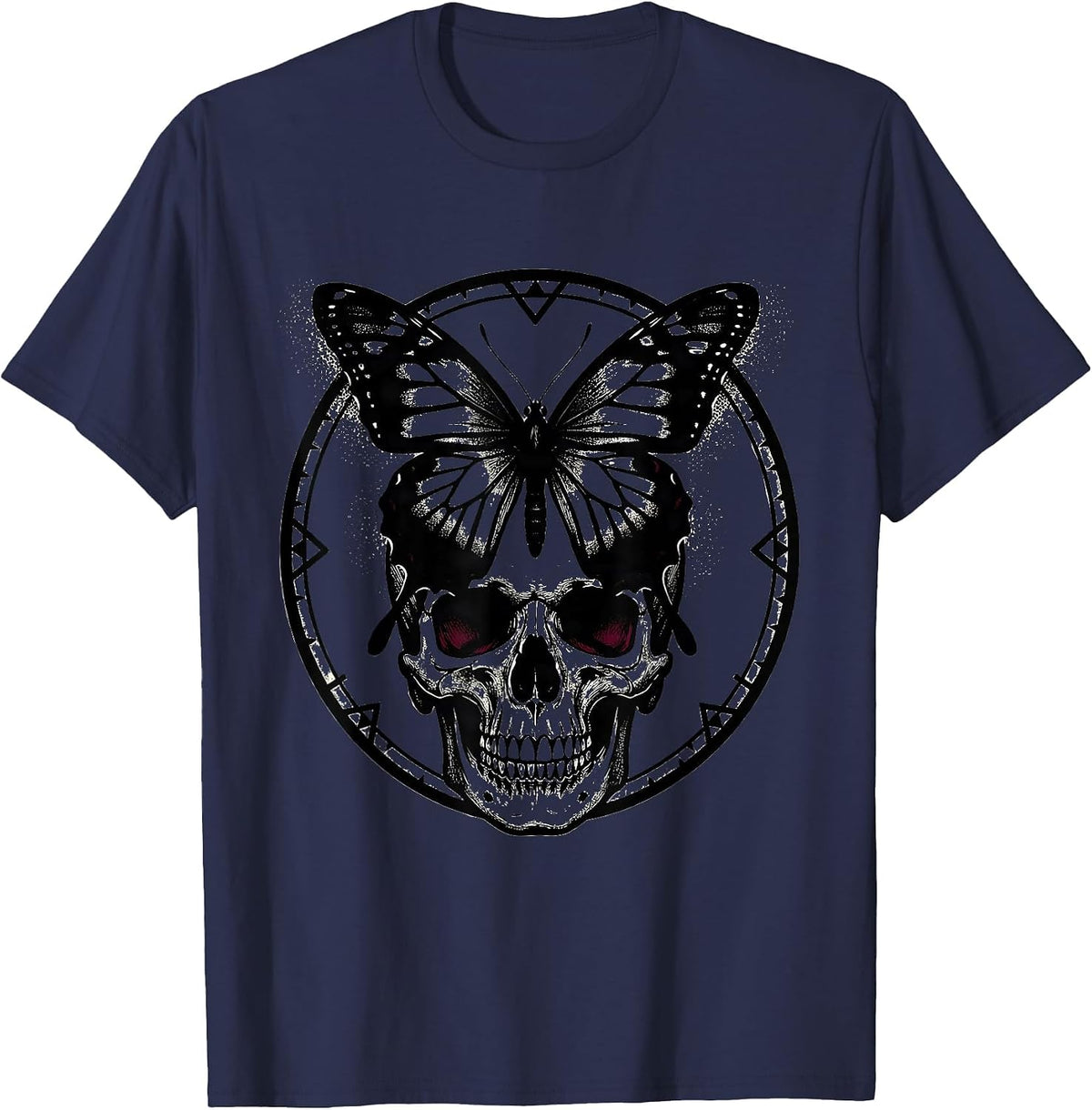 Emo Black Butterfly on Skull Graphic Design T-Shirt - Navy Blue