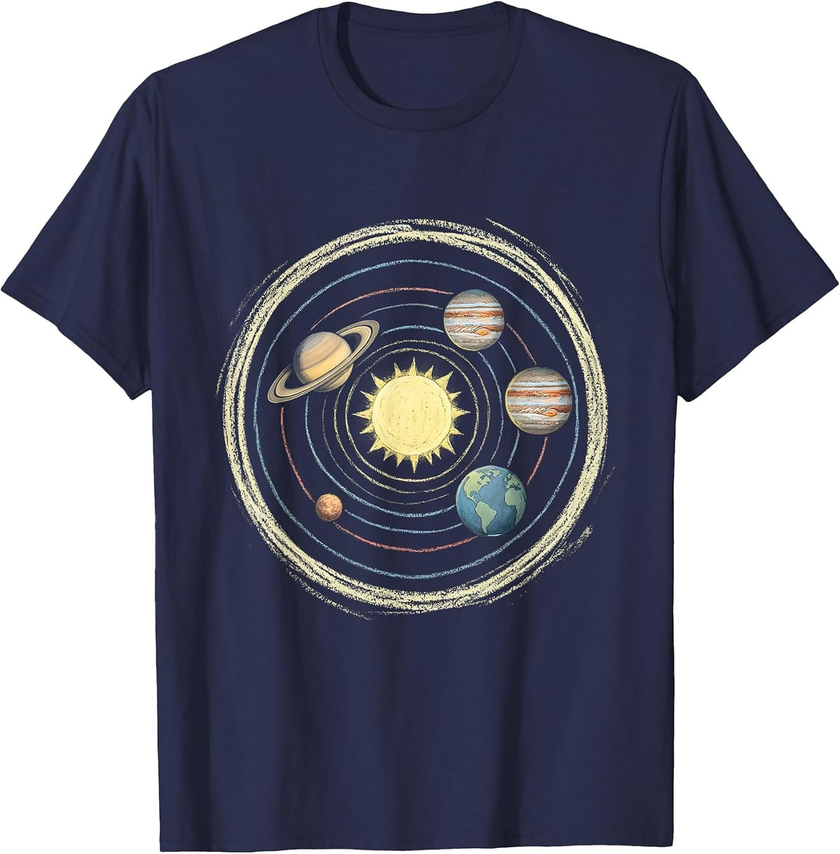 Chalk Solar System Blacktop Space Art T-Shirt - Navy Blue