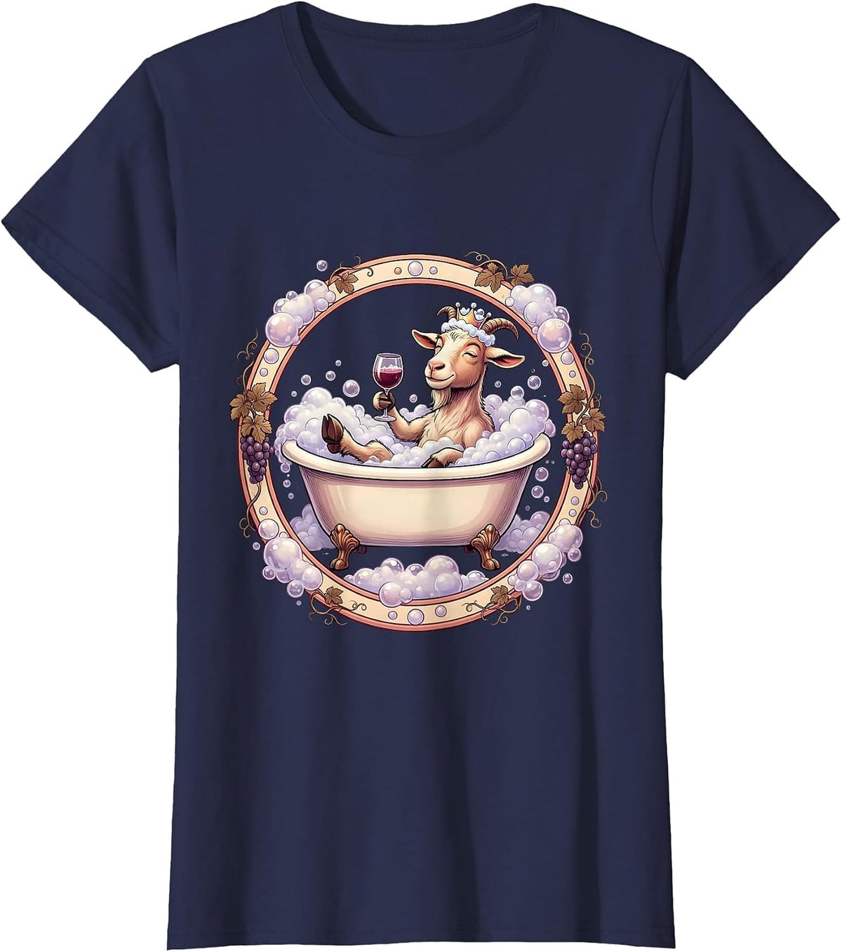 Women's Goat In Bath Bubbles Drinking Wine Funny T-Shirt - Navy Blue