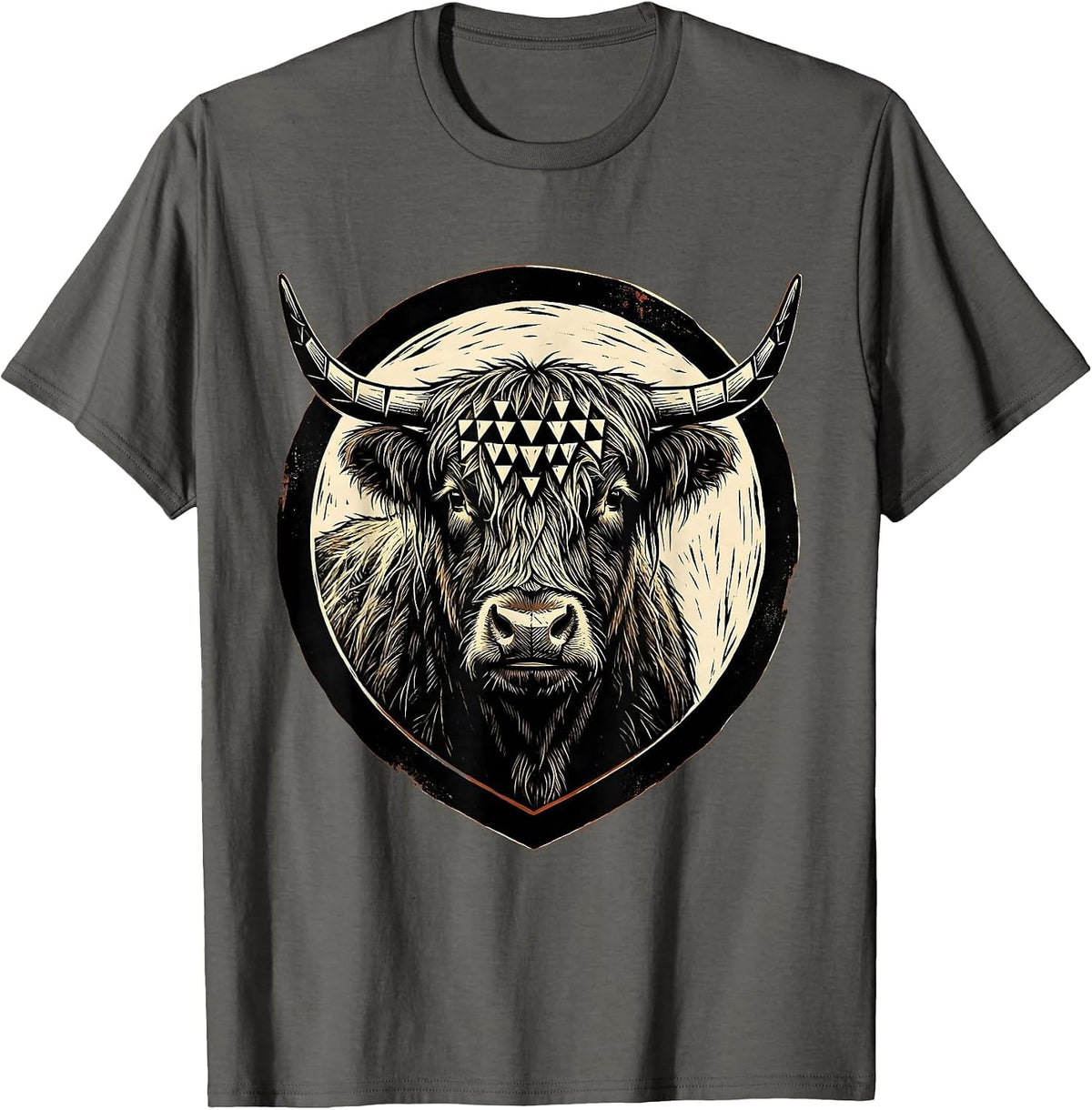 Geometric Highland Cow Low Poly Triangle Art T-Shirt - Asphalt Grey