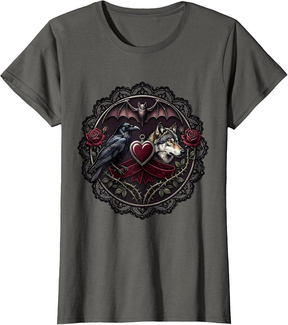 Women's Crow and Wolf Side by Side Wildlife Art Design T-Shirt - Asphalt Grey