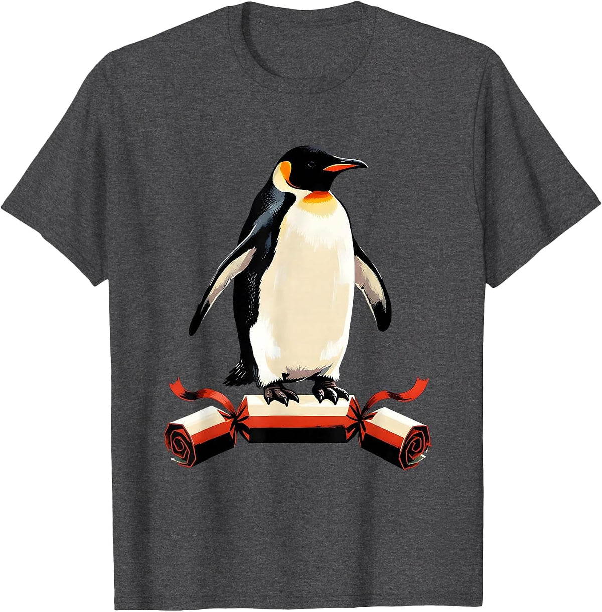 Men's Penguin Bursting From Cracker Funny Christmas Humor T-Shirt - Dark Heather Grey