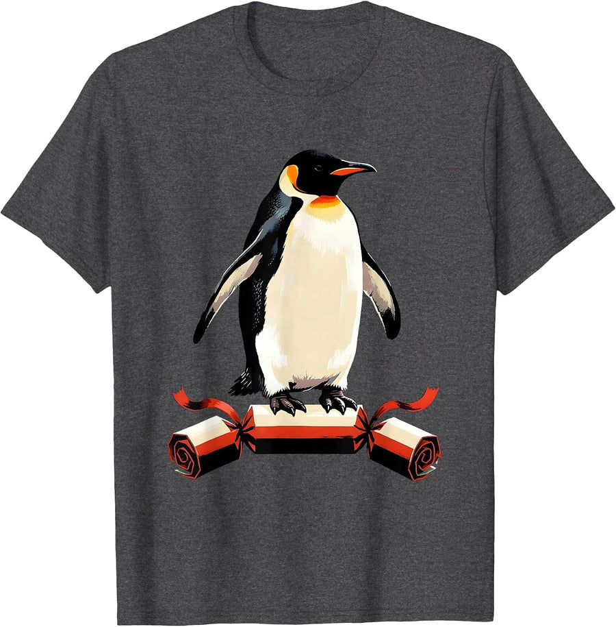 Men's Penguin Bursting From Cracker Funny Christmas Humor T-Shirt - Dark Heather Grey