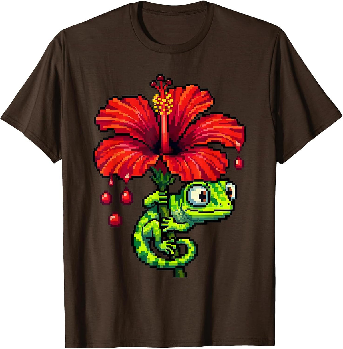 Gecko Climbing Dripping Hibiscus Hawaiian Design T-Shirt - Brown