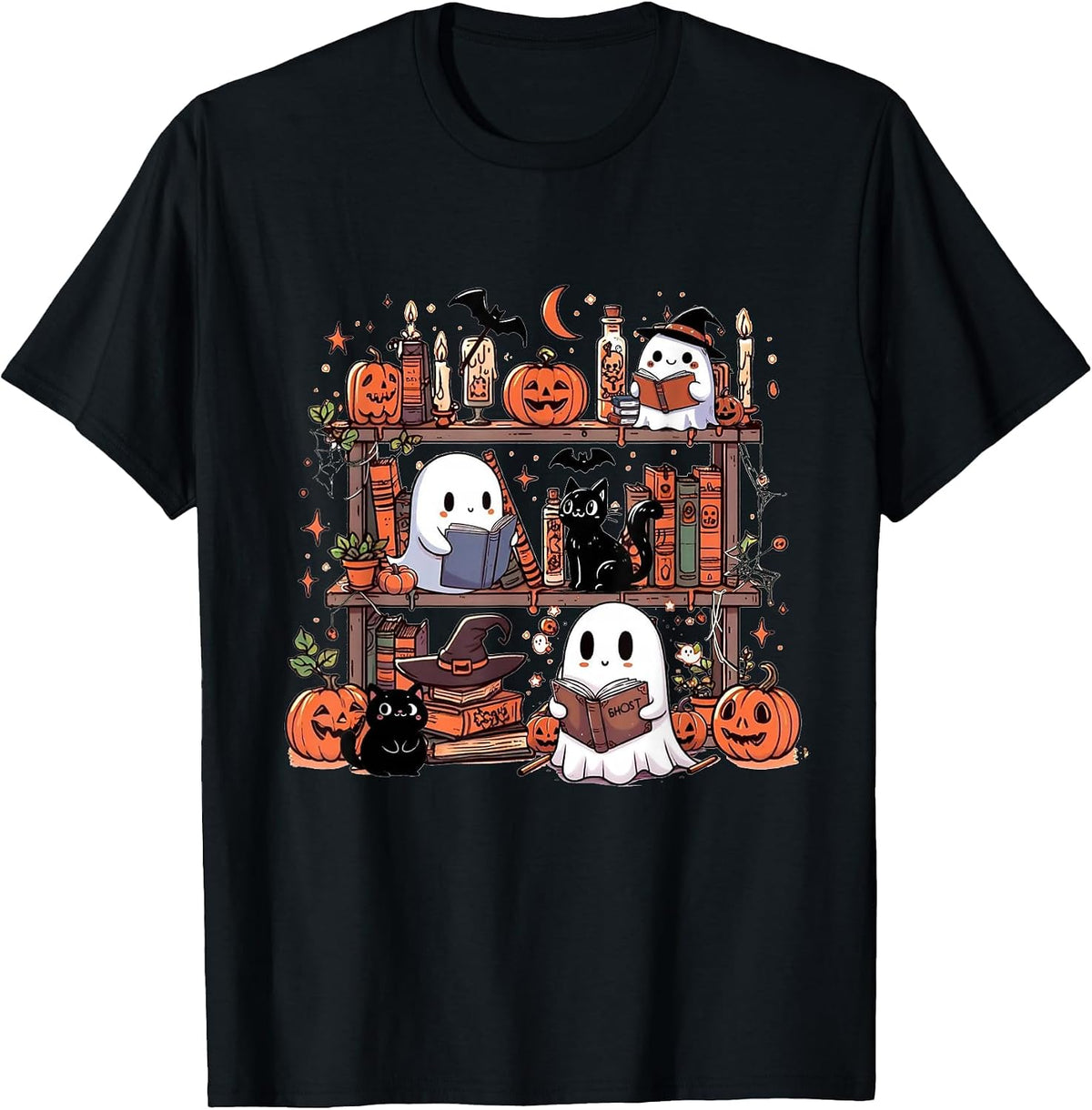 Vintage Bookish Ghost Cute Halloween Reading Romance Spooky T-Shirt - Black