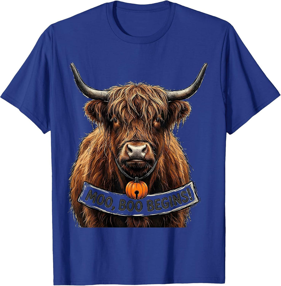 Moo, Boo Begins Funny Highland Cow Fall Halloween Humor T-Shirt - Royal Blue