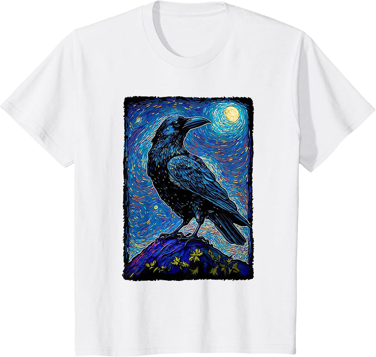 Raven Starry Night Style Painting, Van Gogh Crow Lover T-Shirt - White