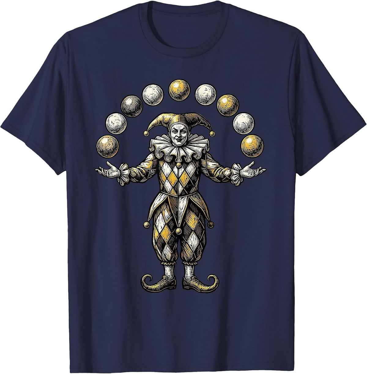 Mardi Gras Jester Juggling Colorful Diamond Costume T-Shirt - Navy Blue
