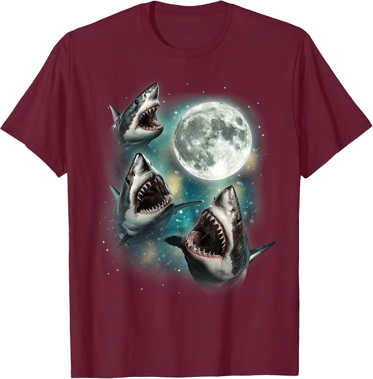 Three Shark Moon | 3 Great Whites Howling Wolfs Moon Parody T-Shirt - Burgundy