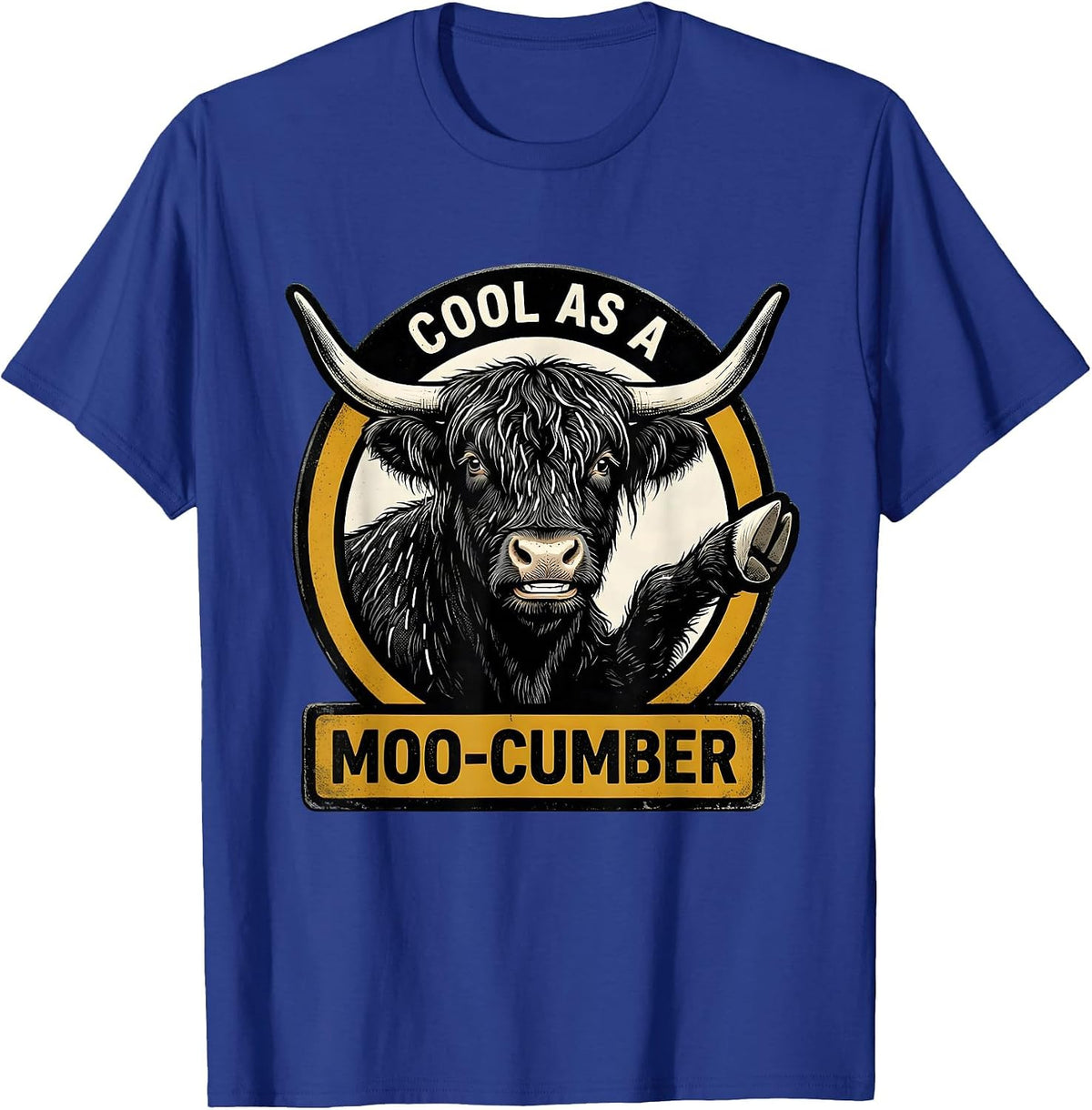 Men's Cool As A Moo-cumber Retro Cartoon Highland Cow Humor T-Shirt - Royal Blue