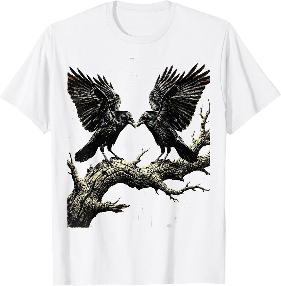 Men's Two Crows on Dead Branch Standoff Illustration T-Shirt - White