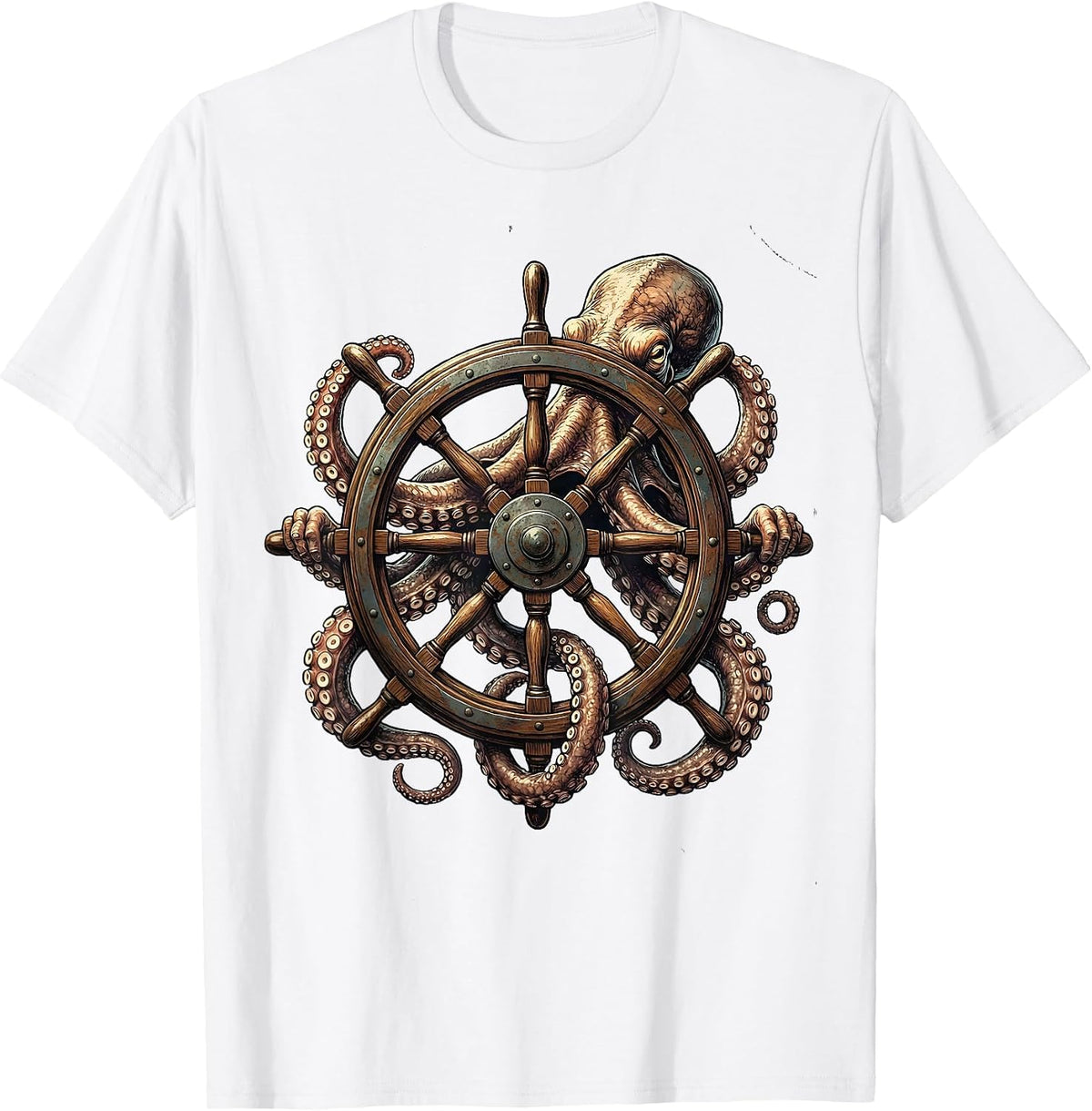 Men's Octopus Tangled Around Ship Steering Wheel T-Shirt - White