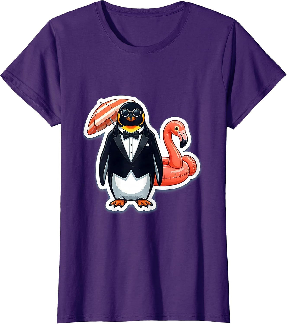 Women's Overdressed Penguin Sarcastic Beach Party Design T-Shirt - Purple