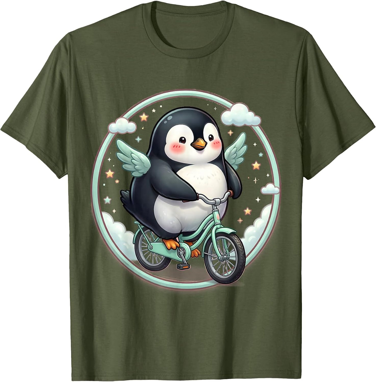 Penguin Riding a Bicycle with Tiny Wheels T-Shirt - Olive Green