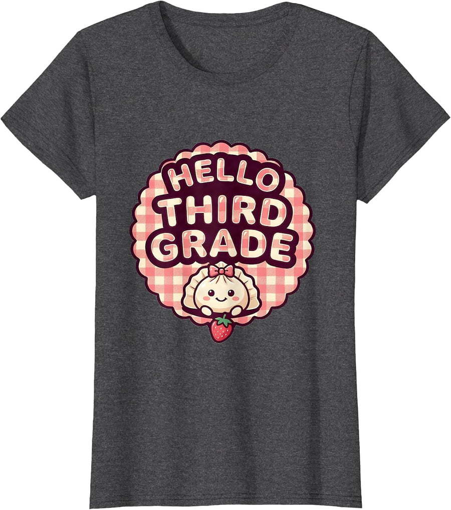 Women's Hello, Third Grade Cute Dumpling Girl Back to School Teacher T-Shirt - Dark Heather Grey