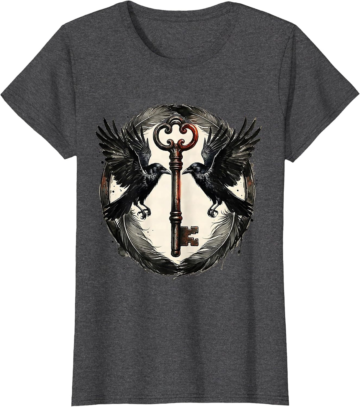 Women's Twin Crows and Iron Key Gothic Illustration T-Shirt - Dark Heather Grey