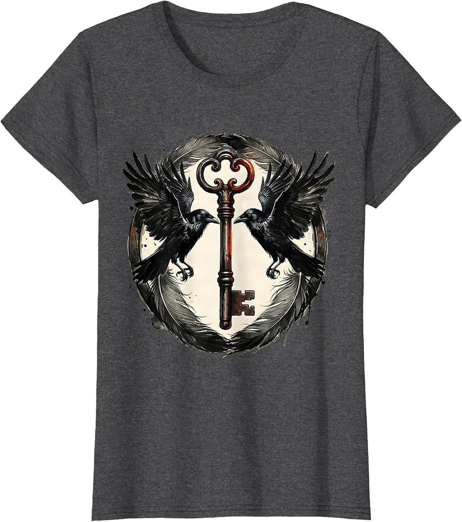 Women's Twin Crows and Iron Key Gothic Illustration T-Shirt - Dark Heather Grey