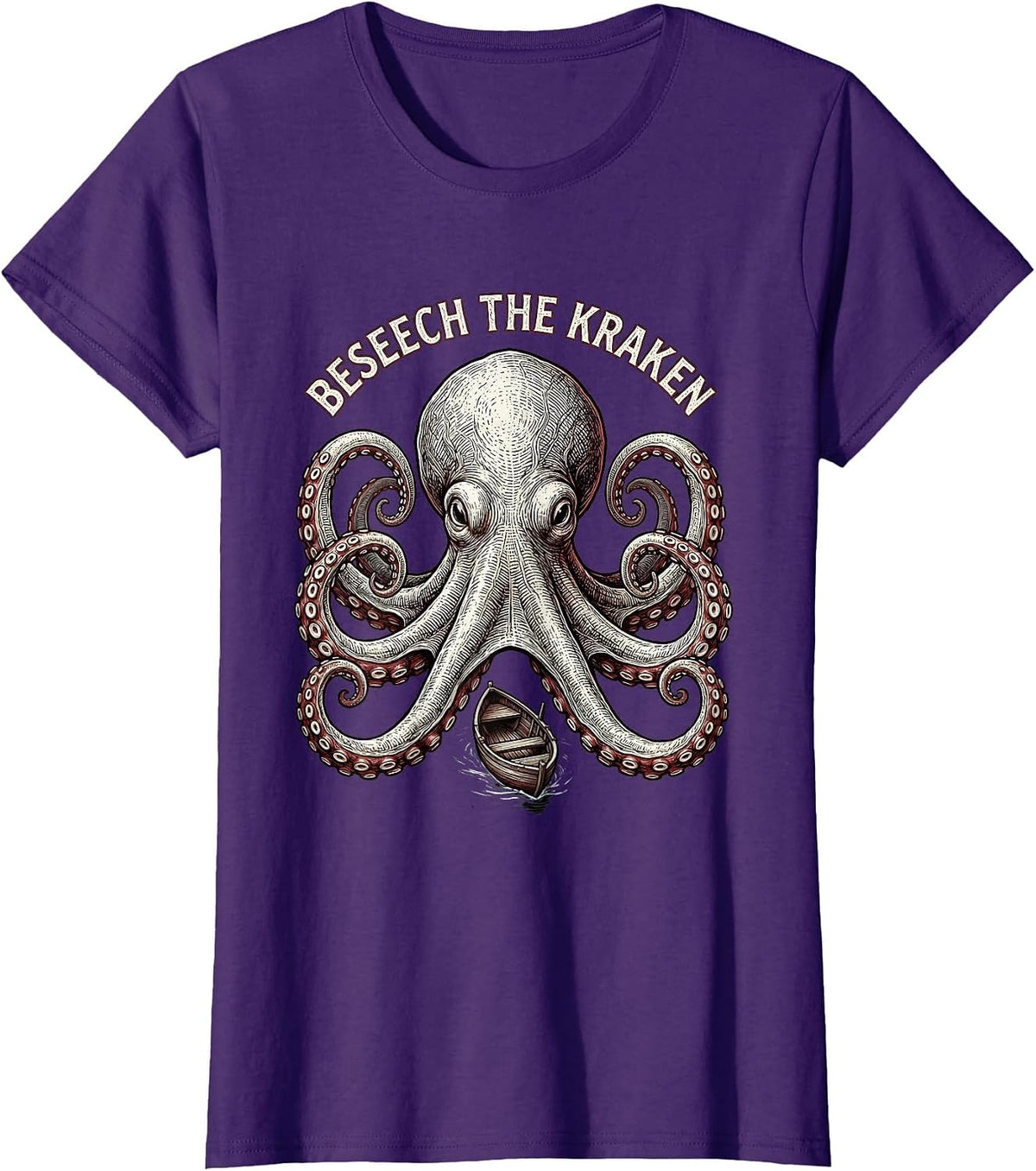 Women's Beseech The Kraken Playful Kraken Lover Octopus Humor T-Shirt - Purple