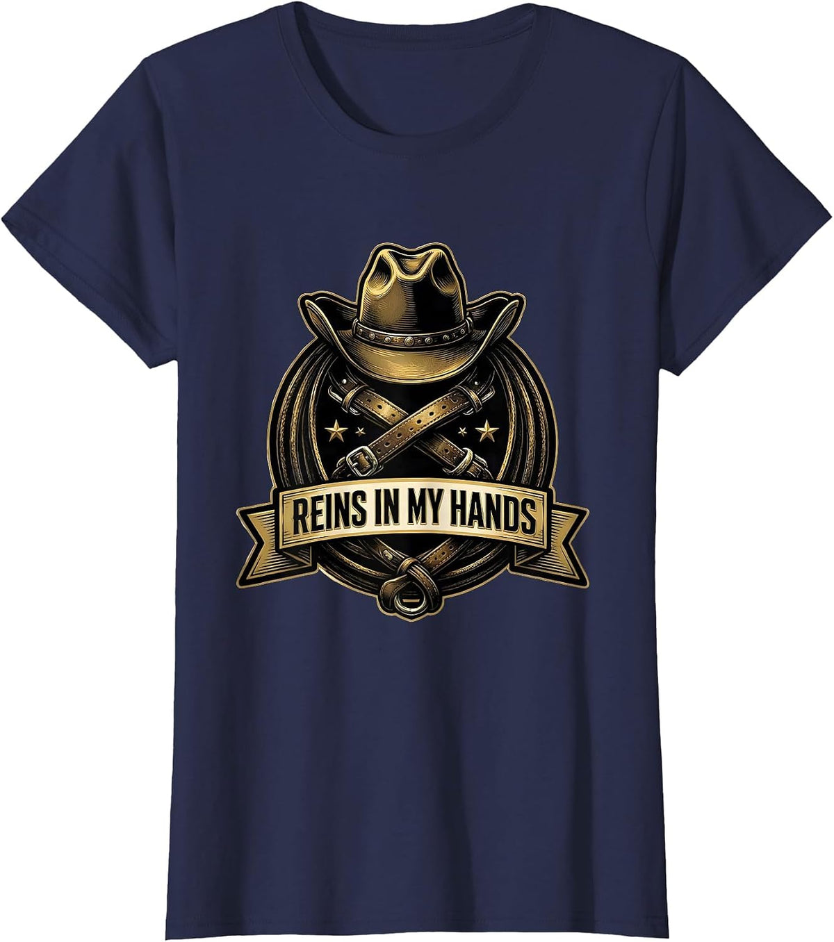 Women's Reins In My Hands Cowgirl Graphic Design T-Shirt - Navy Blue