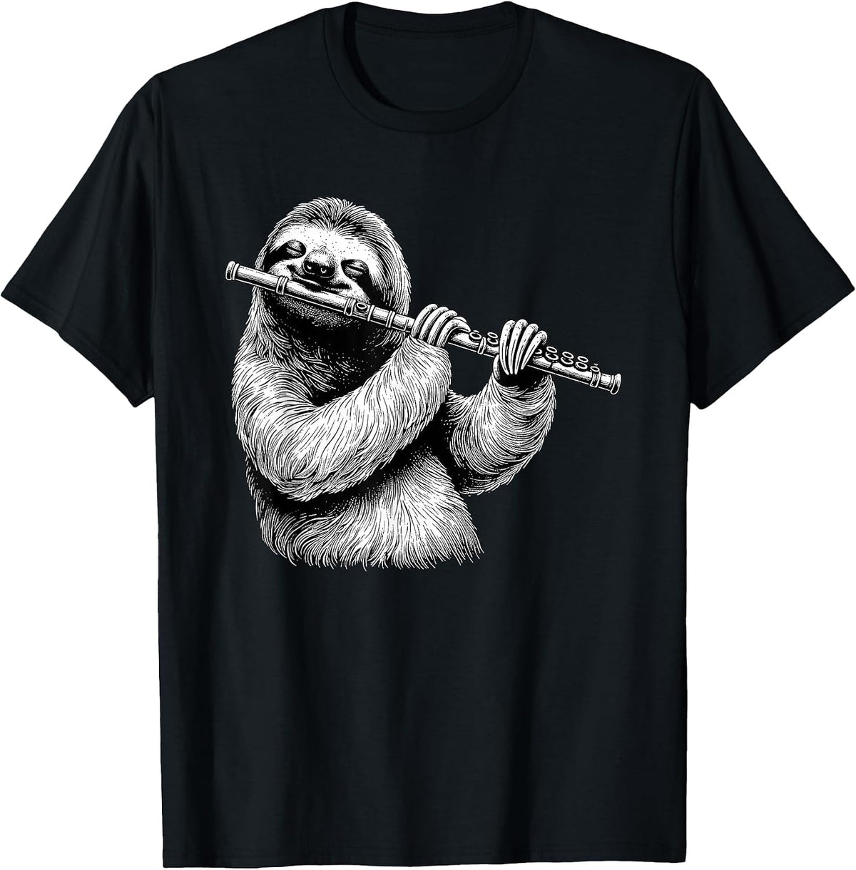 Sloth Playing Flute Flutist Player Instrument Musician T-Shirt - Black