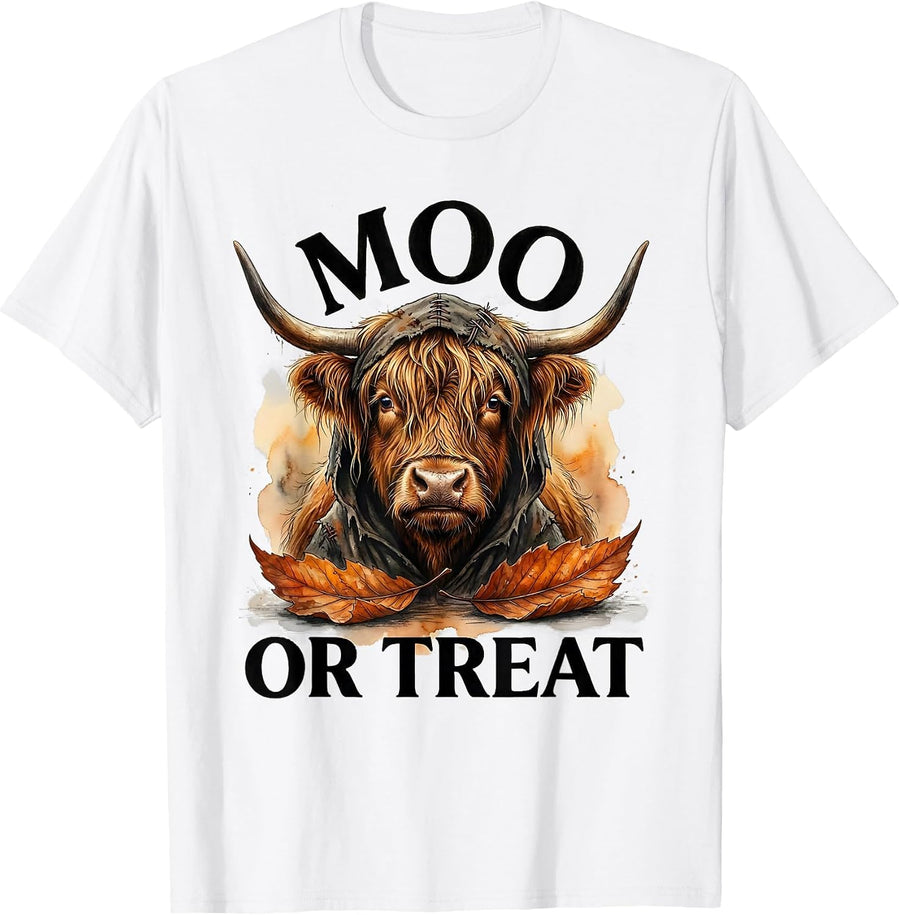 Men's Moo Or Treat Watercolor Highland Cow Halloween Fall Costume T-Shirt - White