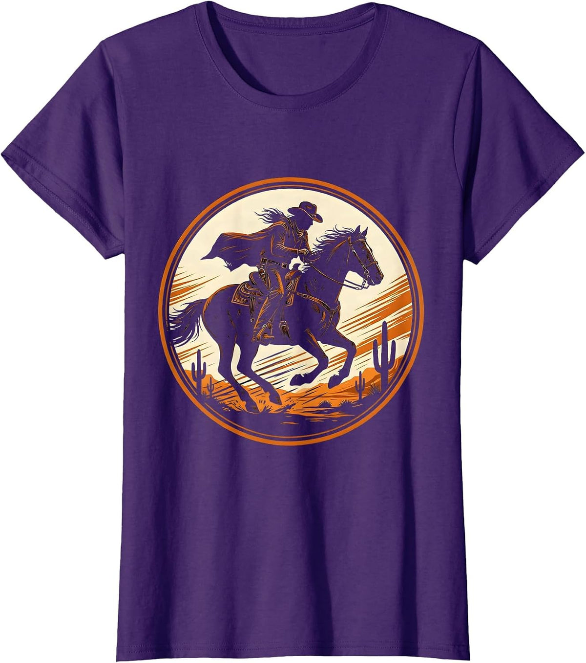 Women's Cowboy Riding Hard Through Desert Storm T-Shirt - Purple