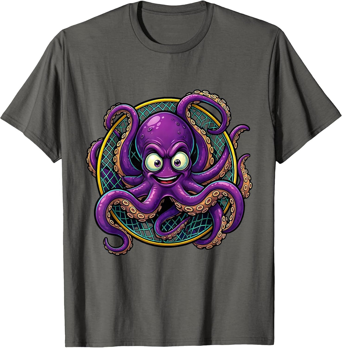Men's Deep Sea Octopus Soccer Goal Net Illustration T-Shirt - Asphalt Grey