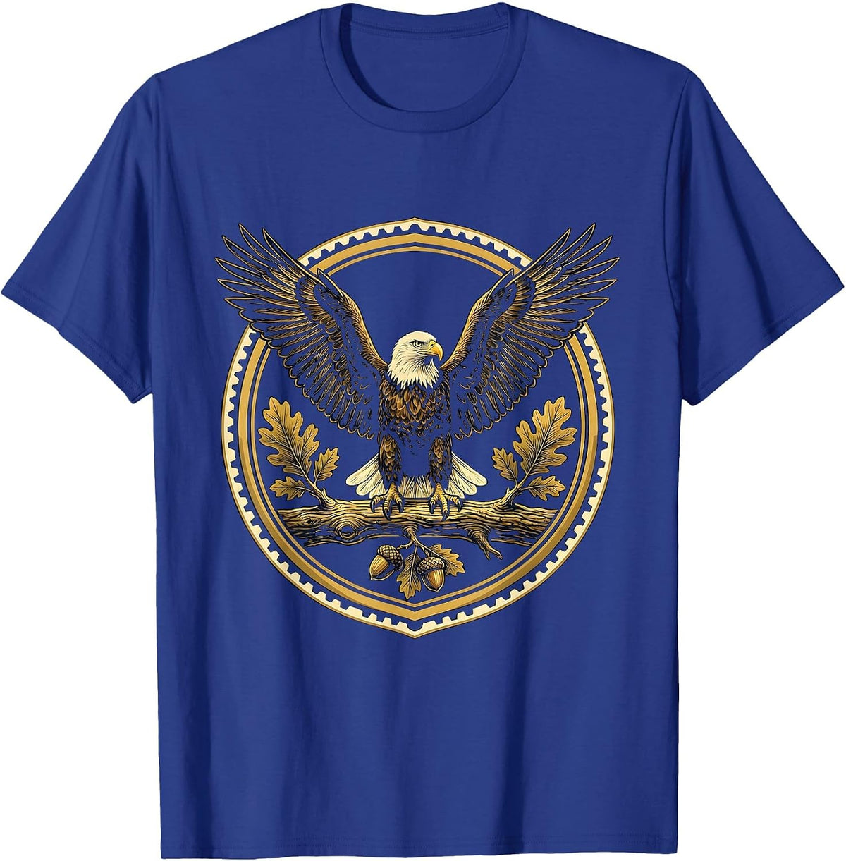 Men's Bald Eagle Perched on Oak Branch Illustration T-Shirt - Royal Blue