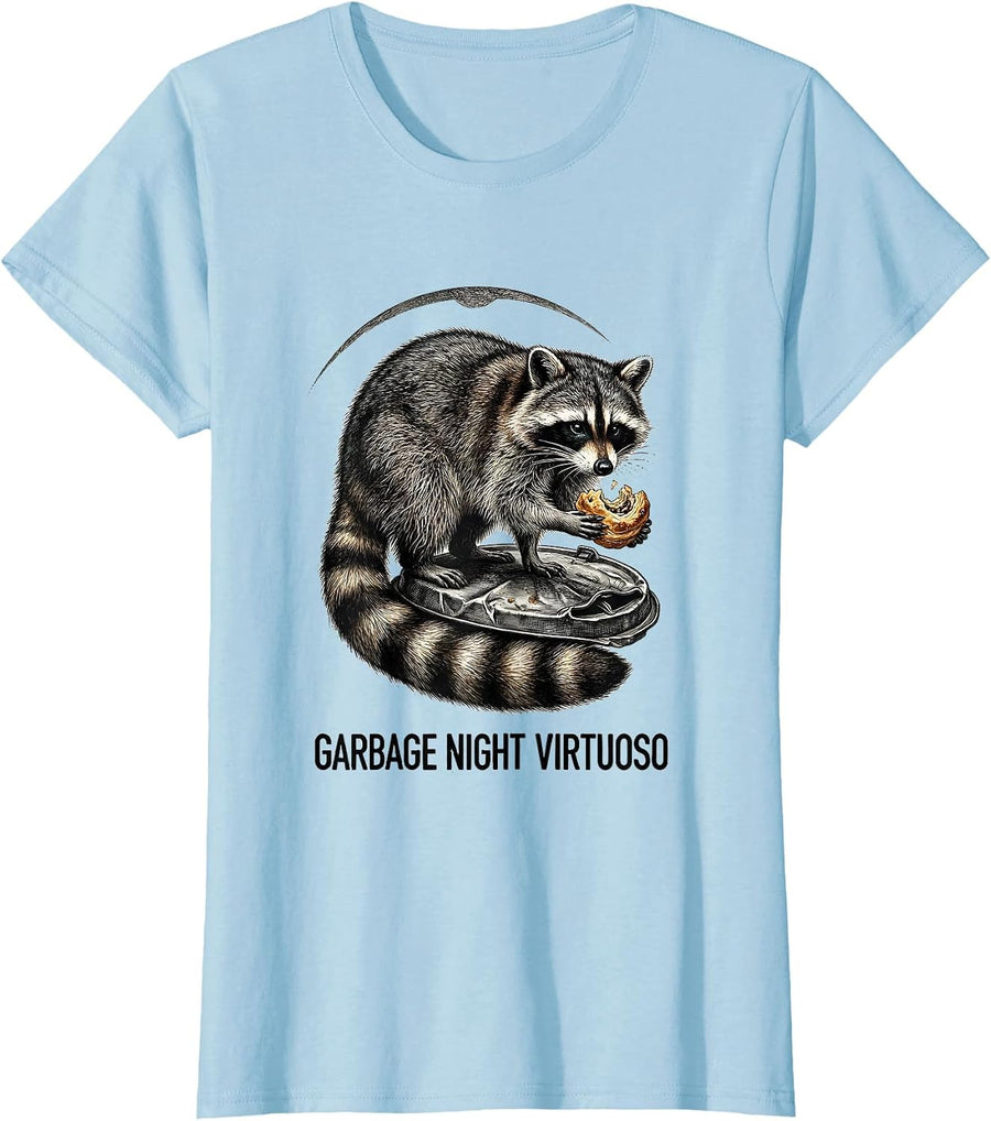 Women's Garbage Night Virtuoso Funny Jimothy Raccoon Viral Meme T-Shirt - Baby Blue
